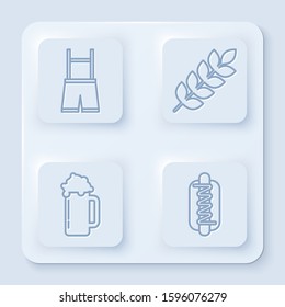 Set line Lederhosen, Cereals set with rice, wheat, corn, oats, rye, barley, Glass of beer and Hotdog sandwich with mustard. White square button. Vector