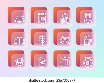 Set line Lederhosen, Glass of beer, Beer can, Wooden barrel, Wheat, Oktoberfest hat and Street signboard with icon. Vector