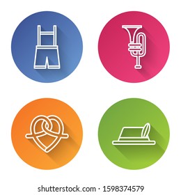 Set line Lederhosen, Musical instrument trumpet, Pretzel and Oktoberfest hat. Color circle button. Vector