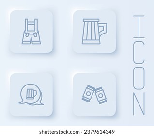Set line Lederhosen, Wooden beer mug,  and Beer can. White square button. Vector