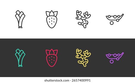 Set line Leek, Strawberry, Ginger root and Peas on black and white. Vector