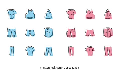 Set line Leggings, T-shirt, Pants, Short or pants, Shirt,  and Undershirt icon. Vector