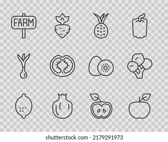 Set line Lemon, Apple, Ananas, Pomegranat, Location Farm, Tomato und Broccoli Symbol. Vektorgrafik
