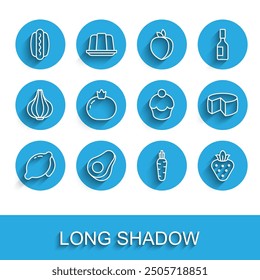 Set line Lemon, Avocado fruit, Hotdog, Carrot, Strawberry, Tomato, Cheese and Muffin icon. Vector
