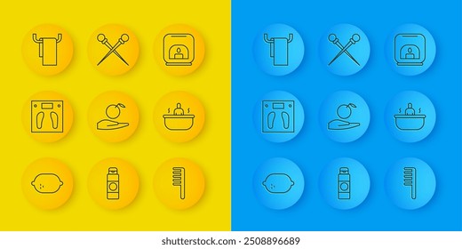 Set line Lemon, Bathroom scales, Apple in hand, Hairbrush, Bathtub, Towel hanger, Aroma lamp and Knitting needles icon. Vector