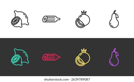 Set line Lemon, Fresh cucumber, Tomato and Pear on black and white. Vector