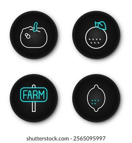 Set line Lemon, Location farm, Orange fruit and Pumpkin icon. Vector