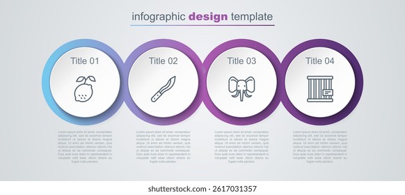 Set line Lemon, Machete, Elephant and Animal cage. Business infographic template. Vector