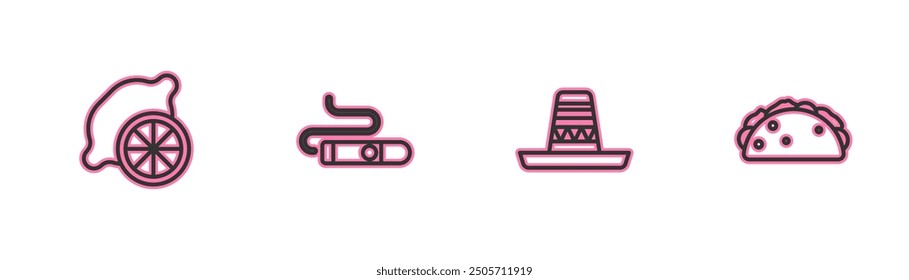 Set line Lemon, Mexican sombrero, Cigar and Taco with tortilla icon. Vector