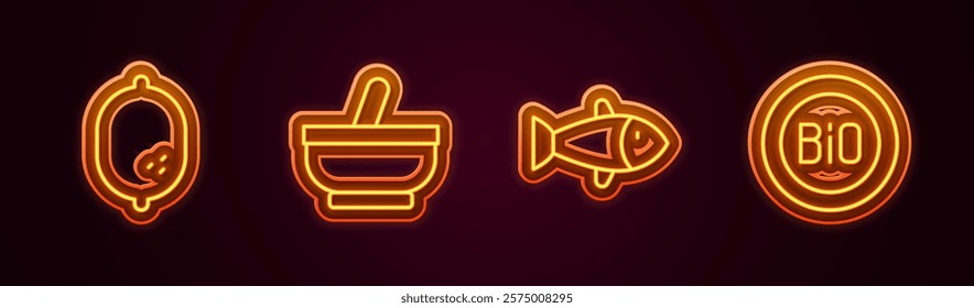 Set line Lemon, Mortar and pestle, Fish and Banner for bio. Glowing neon icon. Vector