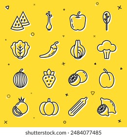 Set line Lemon, Plum fruit, Broccoli, Apple, Hot chili pepper pod, Cabbage, Watermelon and Onion icon. Vector