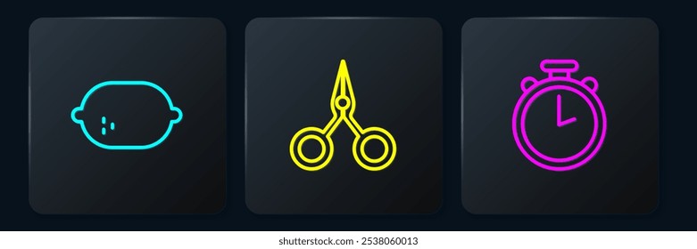 Set line Lemon, Stopwatch and Scissors. Black square button. Vector