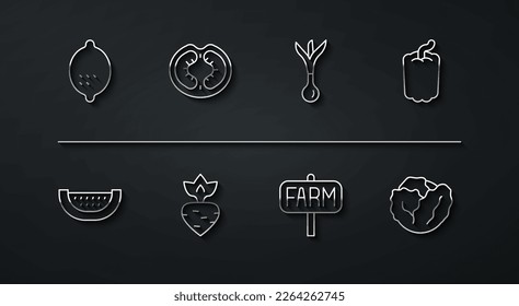 Set line Lemon, Watermelon, Bell pepper, Location farm, Turnip, Tomato, Cabbage and Onion icon. Vector