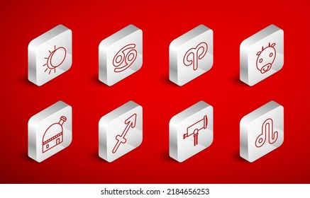 Set line Leo zodiac, Cancer, Aries, Ox, Telescope, Eclipse of the sun, Sagittarius and Astronomical observatory icon. Vector