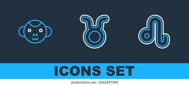 Set line Leo zodiac, Monkey and Taurus icon. Vector