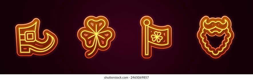 Set line Leprechaun Stiefel, Kleeblatt, Irland Flagge mit Klee und Schnurrbart. Leuchtendes Neon-Symbol. Vektorgrafik