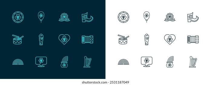 Set line Leprechaun boot, Clover trefoil leaf, Heart with clover, Pot of gold rainbow, Glass beer, Medal, Golden leprechaun coin and Balloon icon. Vector