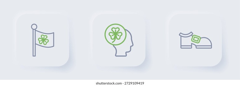 Set line Leprechaun boot, Head with clover trefoil leaf and Ireland flag icon. Vector