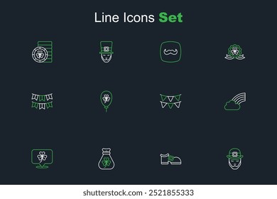 Set line Leprechaun, boot, Money bag with clover, Clover trefoil leaf, Rainbow cloud, Carnival garland flags, Balloon and  icon. Vector