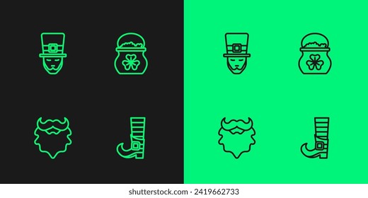 Set line Leprechaun boot, Mustache and beard,  and Pot of gold coins icon. Vector