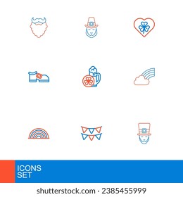 Set line Leprechaun, Carnival garland with flags, Rainbow, cloud, boot, Glass of beer, Heart clover trefoil leaf and  icon. Vector