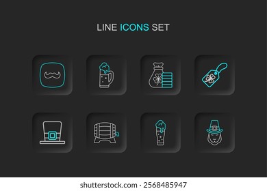 Set line Leprechaun, Glass of beer, Wooden barrel on rack, hat, Clover trefoil leaf with tag, Money bag clover,  and Mustache icon. Vector