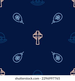 Set line Leprechaun hat, Balloon with clover trefoil leaf and Celtic cross on seamless pattern. Vector