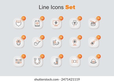 Set line Leprechaun Hut, Fliege, Stiefel, Hufeisen, Karneval Girlande mit Fahnen, Kleeblatt Blatt Tag und Symbol. Vektorgrafik