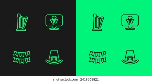 Fijar la línea sombrero Leprechaun, garland carnavalesco con banderas, icono de hoja de trébol Harp y Clover. Vector