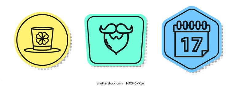 Set line Leprechaun hat and four leaf clover, Mustache and beard and Saint Patrick's day with calendar. Colored shapes. Vector