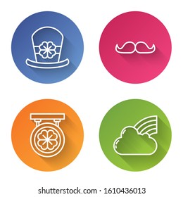 Set line Leprechaun hat and four leaf clover, Mustache, Street signboard with four leaf clover and Rainbow with cloud. Color circle button. Vector