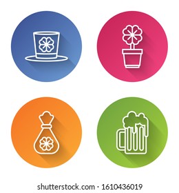 Set line Leprechaun hat and four leaf clover, Four leaf clover in pot, Money bag with four leaf clover and Wooden beer mug. Color circle button. Vector