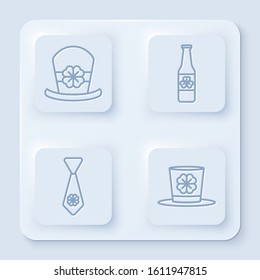 Set line Leprechaun hat and four leaf clover, Beer bottle with four leaf clover, Tie with four leaf clover and Leprechaun hat and four leaf clover. White square button. Vector