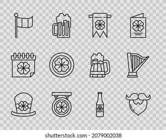 Set Line Leprechmütze und vierblättriges Kleeblatt, Mustache-Bart, Vier-Partys, Straßenschild mit, National Ireland-Flagge, Goldmünze, Bier-Flasche und Harp-Symbol. Vektorgrafik