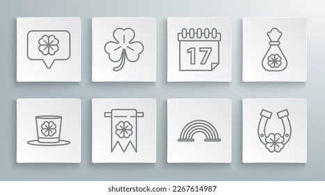 Set line Leprechaun hat and four leaf clover, Four, party pennant, Rainbow, Horseshoe with, Saint Patrick's day calendar, Money bag and speech bubble icon. Vector