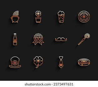 Set line Leprechaun hat and four leaf clover, Four, Witch cauldron rainbow, Tie with, Gold coin, Medal, Walking stick and Mustache icon. Vector