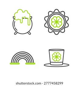 Set line Leprechaun hat and four leaf clover, Rainbow, Bottle cap with and Witch cauldron icon. Vector