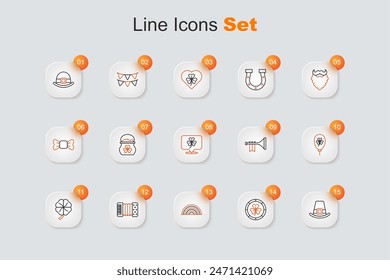 Set line Leprechaun hat, Golden leprechaun coin, Rainbow, Accordion, Four leaf clover, Balloon with trefoil, Trumpet and Clover icon. Vector