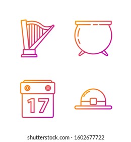 Set line Leprechaun hat, Saint Patrick's day with calendar, Harp and Witch cauldron. Gradient color icons. Vector