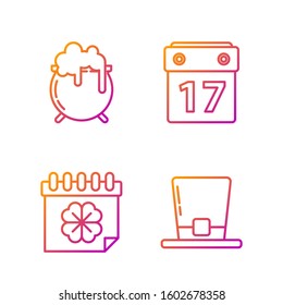 Set line Leprechaun hat, Saint Patricks day with calendar, Witch cauldron and Saint Patrick's day with calendar. Gradient color icons. Vector