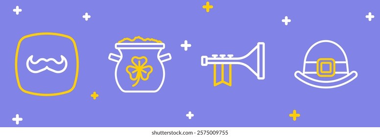 Set line Leprechaun hat, Trumpet, Pot of gold coins and Mustache icon. Vector