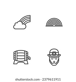 Set line Leprechaun, Wooden barrel on rack, Rainbow with cloud and  icon. Vector