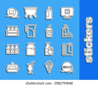 Set line Lettering milk, Paper package for kefir, Whipped cream bottle, Milk jug pitcher, Bottled wooden box, Udder and Milkshake icon. Vector