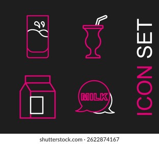 Defina a linha Lettering milk, Paper package for, Milkshake and Glass com ícone. Vetor