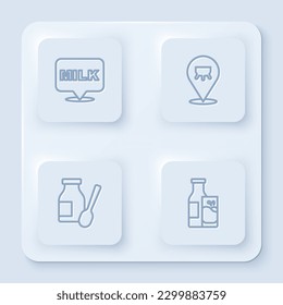 Set line Lettering milk, Udder, Drinking yogurt bottle and Bottle and glass. White square button. Vector