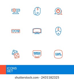 Set line Level game, Medal, Game dice, Computer mouse, life bar, monitor, Power button and  icon. Vector
