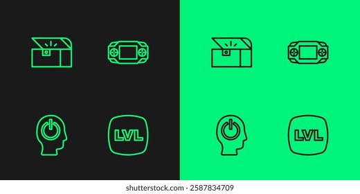 Set line Level game, Power button, Chest for and Portable video console icon. Vector