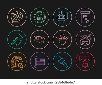 Set line Liberty bell in Philadelphia, Drum and drum sticks, Barbecue grill, USA map, Trumpet, Baseball glove with ball, Sheriff cowboy and Calendar date July 4 icon. Vector