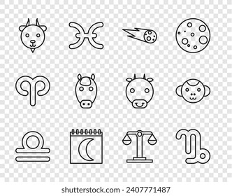 Set line Libra zodiac, Capricorn, Comet falling down fast, Moon phases calendar, Aries, Horse,  and Monkey icon. Vector