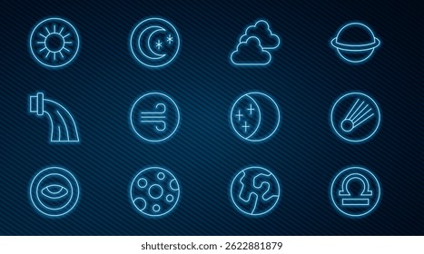 Set line Libra zodiac, Comet, Cloudy weather, Windy, Aquarius, Sun, Eclipse of sun and Moon and stars icon. Vector